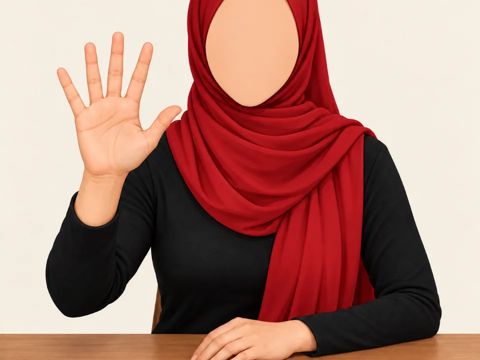 Woman in a red hijab holding her hand open and touching her thumb tip to each fingertip in turn.