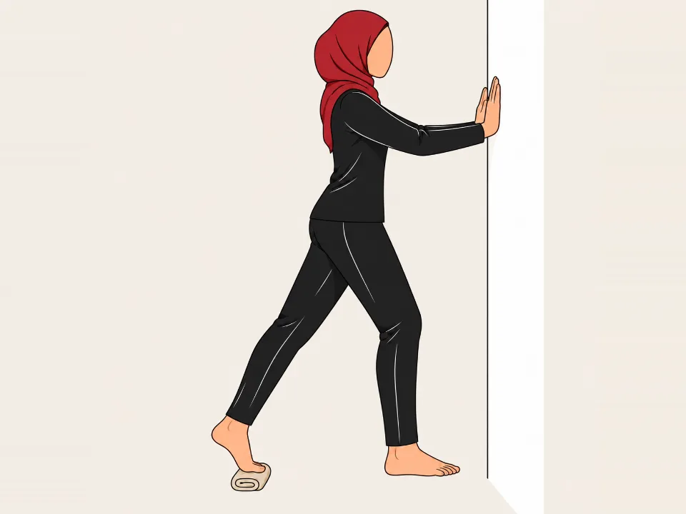 Woman in a red hijab standing facing a wall, stretching her calf with the big toe of her back foot raised on a rolled towel.