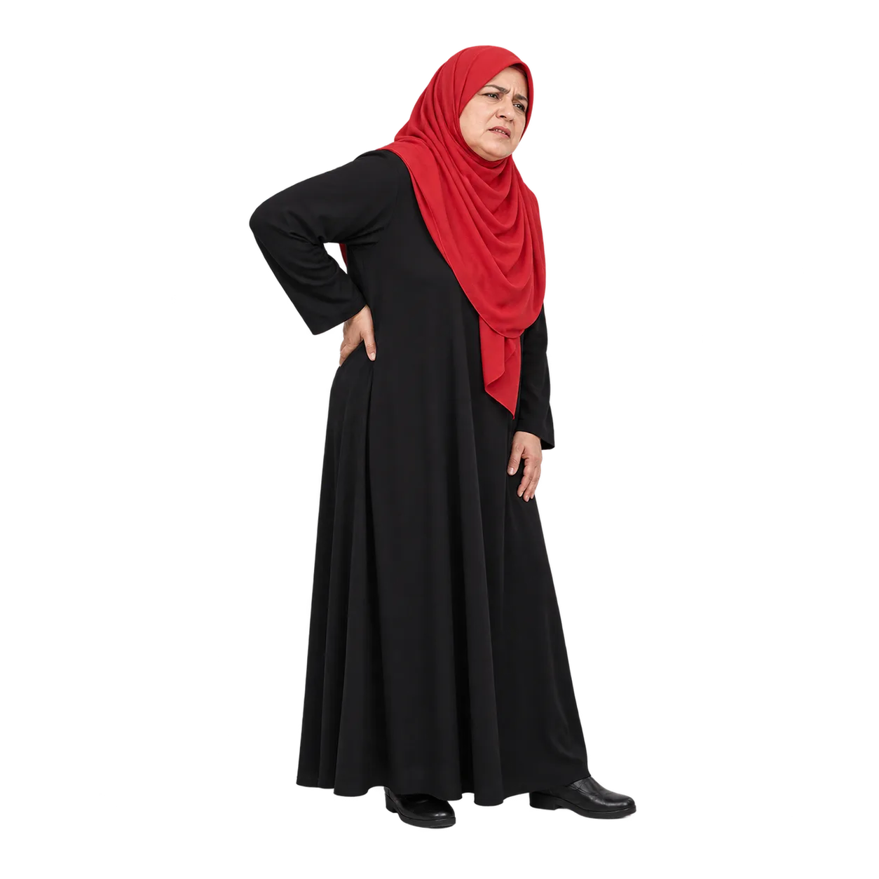 AI-generated mature Pakistani woman in a red hijab and loose black dress, resting a hand at her lower back with a pain expression.