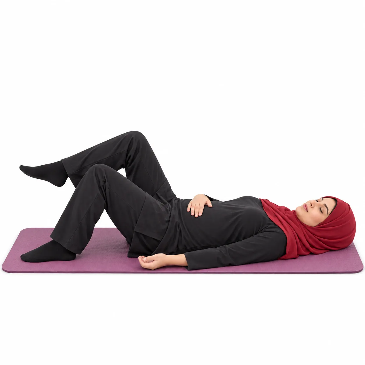 Illustrative image, not a real patient. A woman lying on her back on a mat with one hand on her lower abdomen and one knee lifted a little, breathing out as she starts the movement.