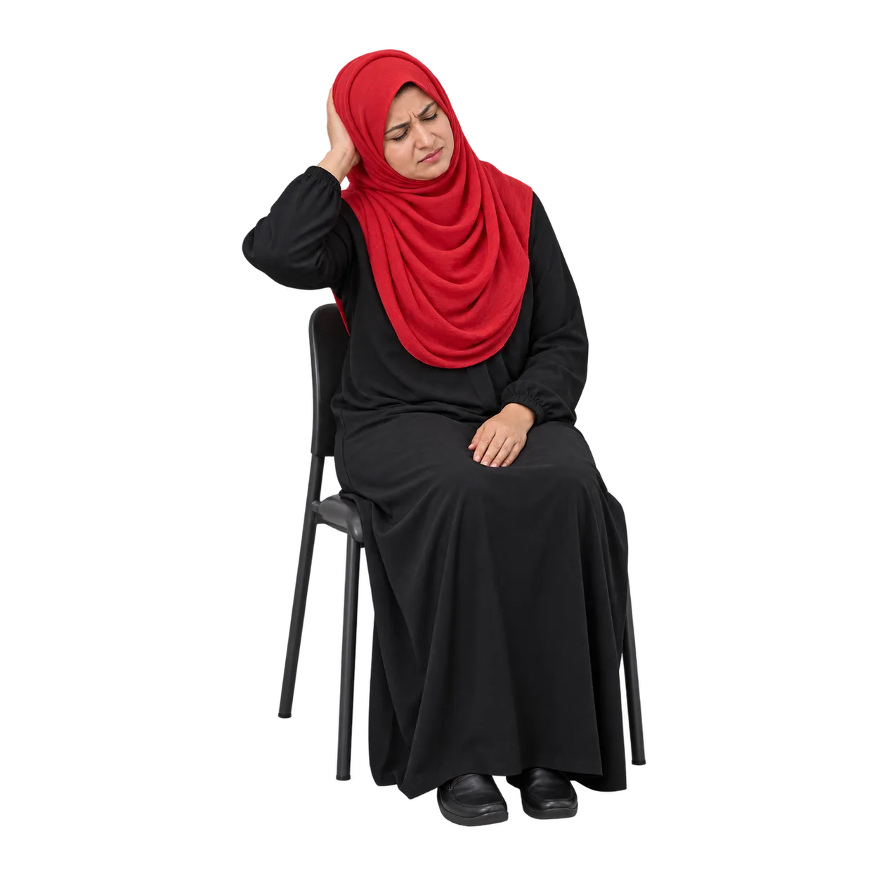 Fictional Pakistani woman in a red hijab and black dress seated with a hand behind her head and a headache expression