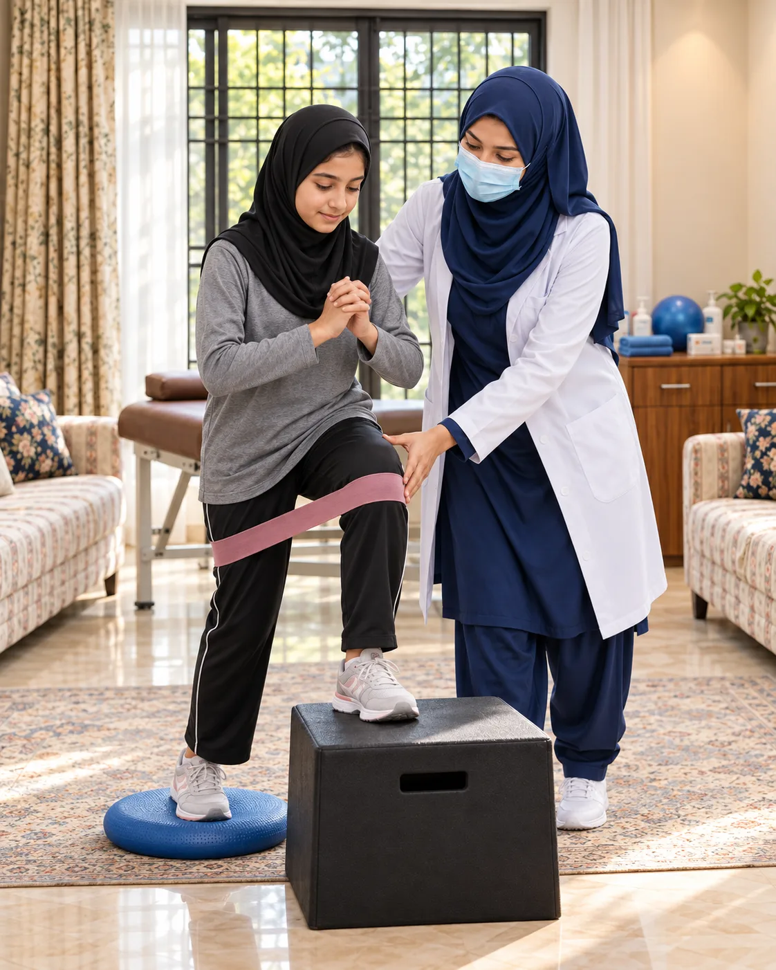 A child with a female physiotherapist during a play-based session, illustrating support for osgood–schlatter disease.