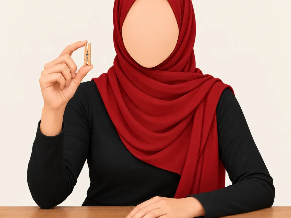 Woman in a red hijab pinching a clothes peg open between her thumb and finger.