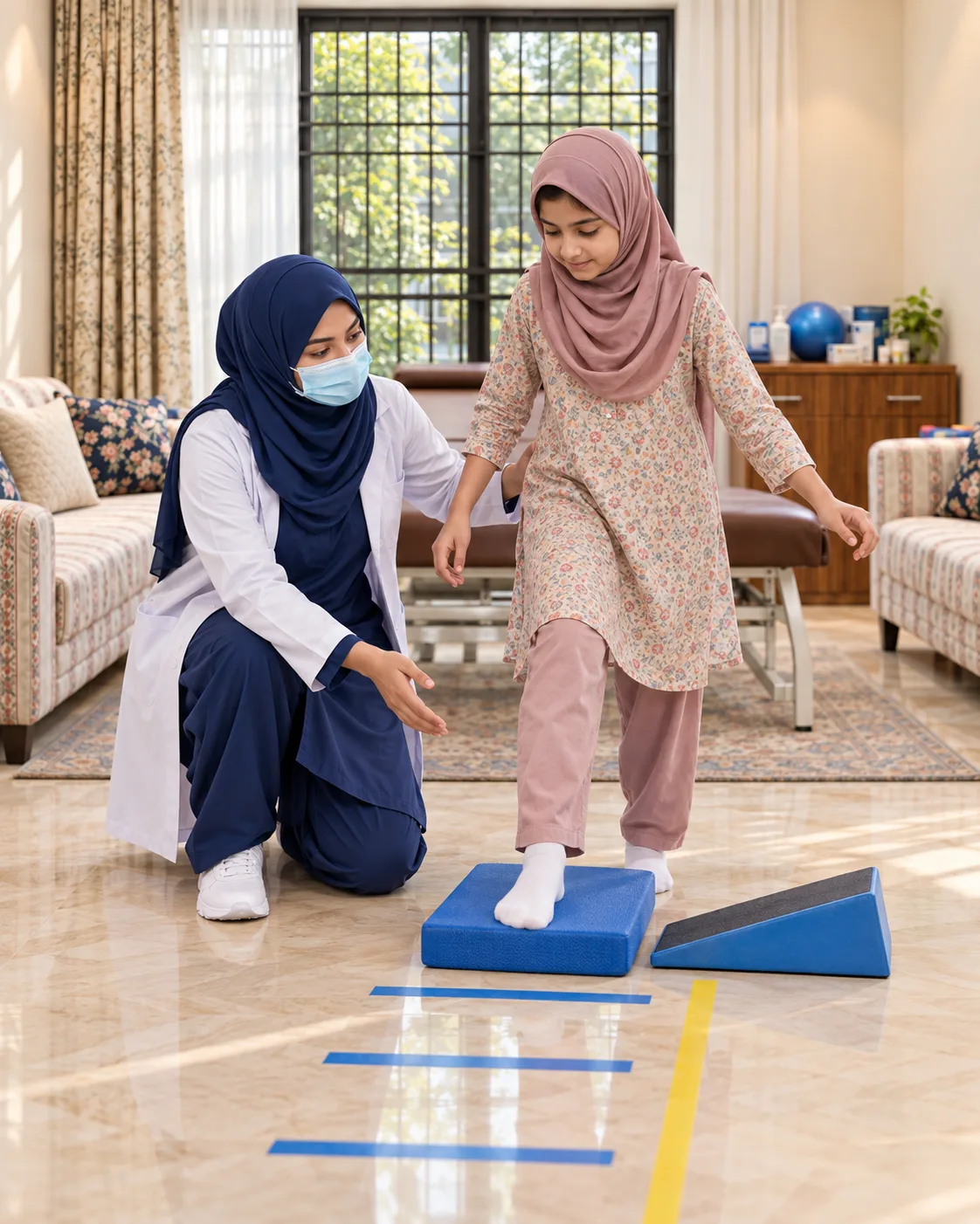 A child with a female physiotherapist during a play-based session, illustrating support for charcot–marie–tooth disease.