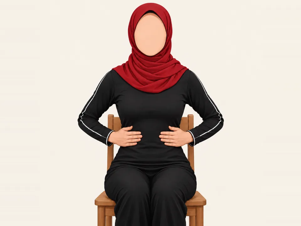 Woman in a red hijab sitting tall with her hands on the sides of her lower ribs, breathing slowly into them.