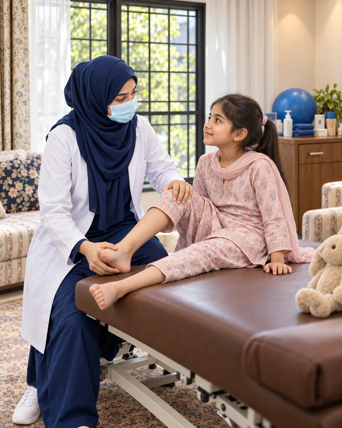 A child with a female physiotherapist during a play-based session, illustrating support for juvenile arthritis.