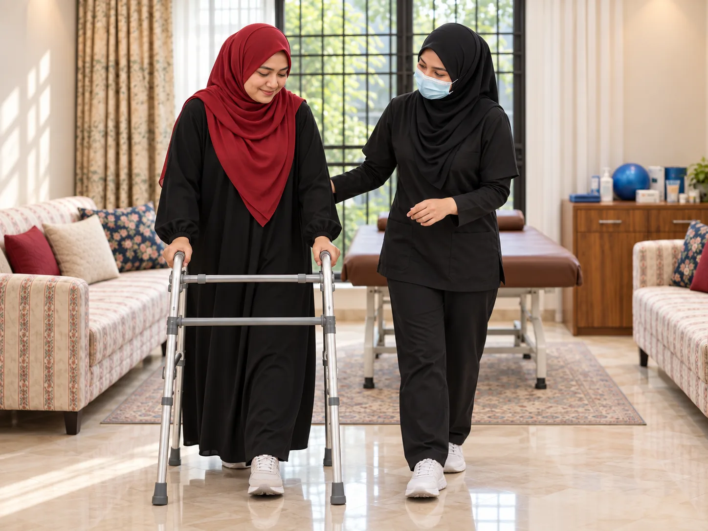 Illustrative image, not a real patient. A patient in a red hijab walks with a walking frame while a female physiotherapist walks beside her, a steadying hand near her arm.
