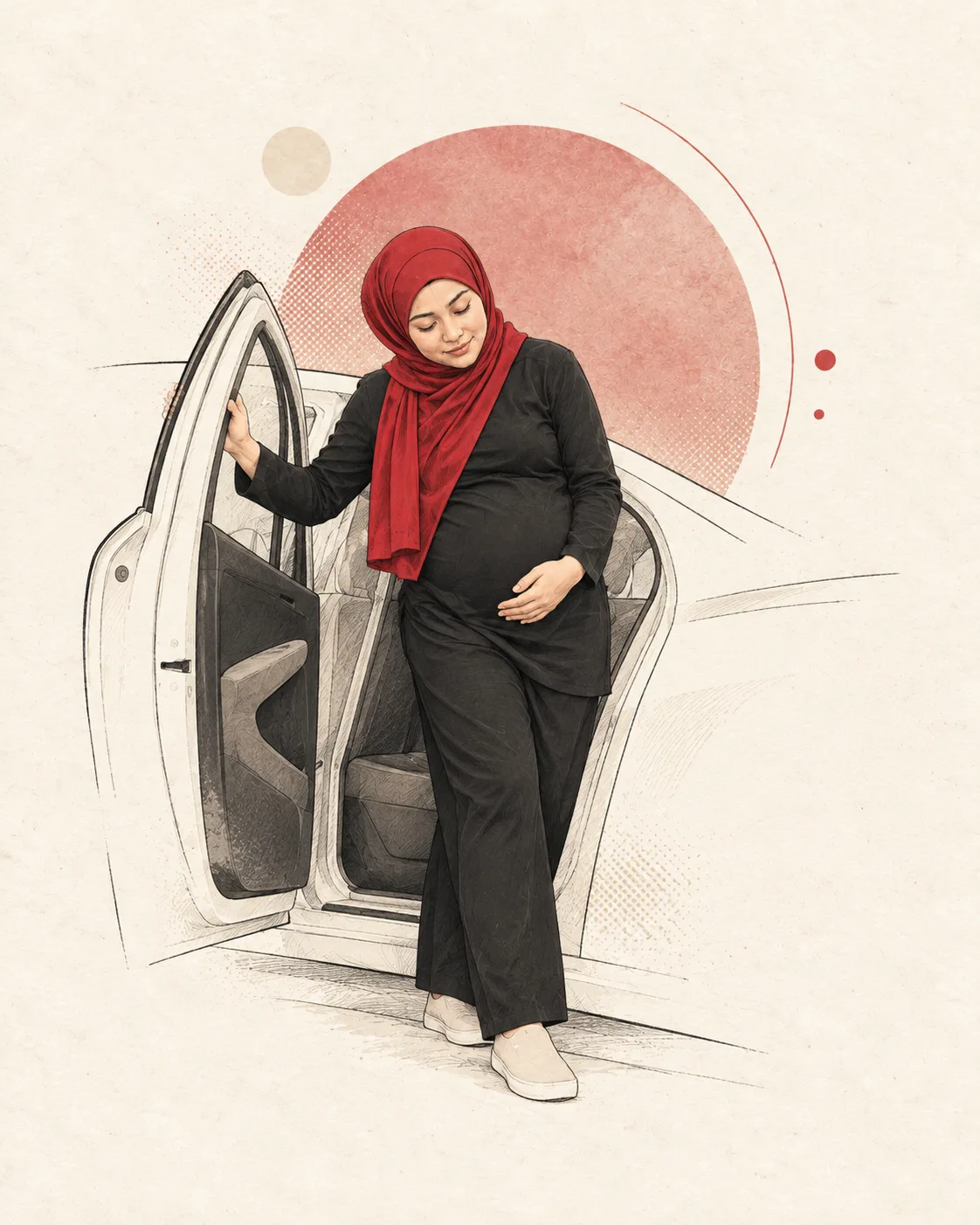 Illustration, not a real patient. A pregnant woman in a red hijab steps out of a parked car with one hand on the door frame.