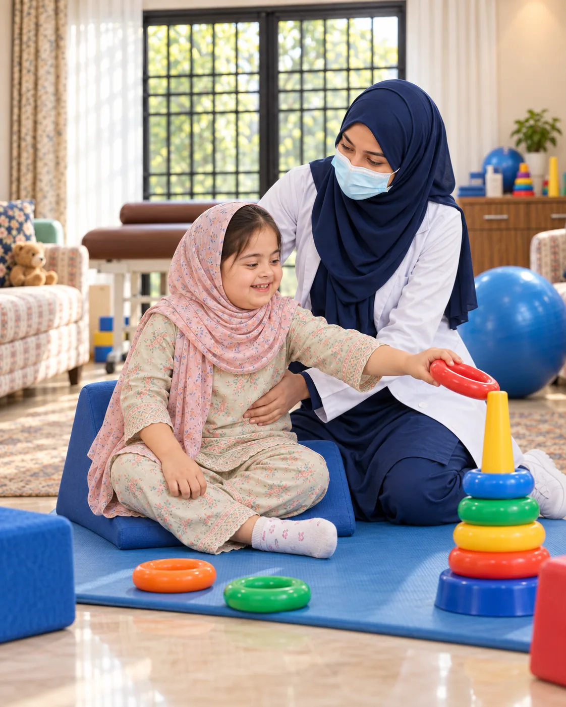 A child with a female physiotherapist during a play-based session, illustrating support for spina bifida.