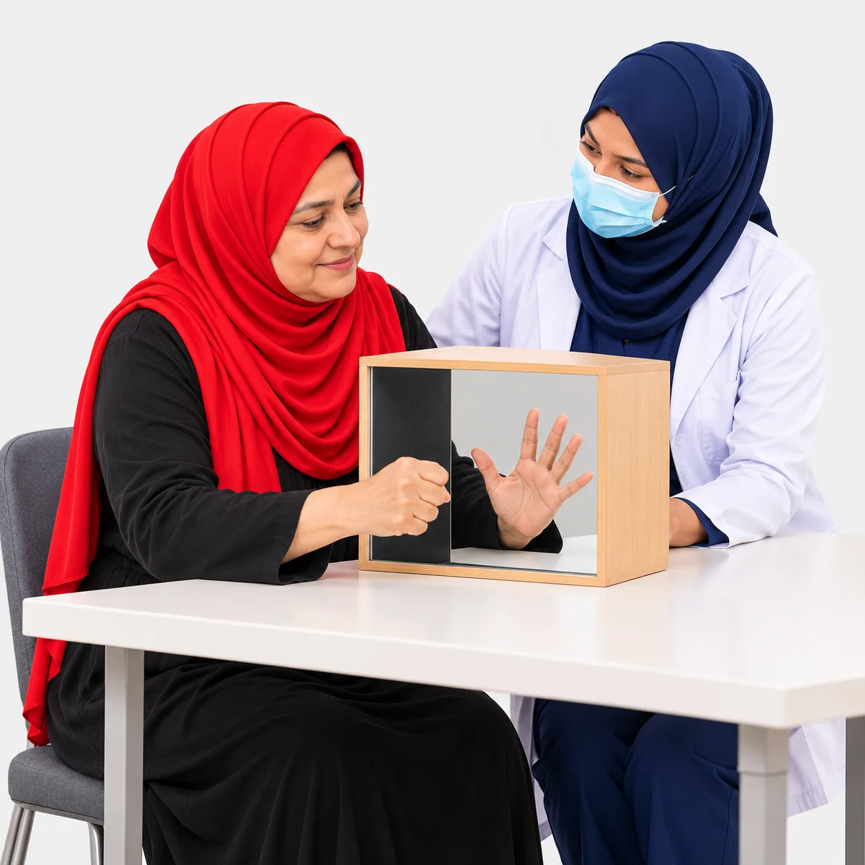 A patient in a red hijab practises mirror therapy at a table with a female physiotherapist beside her