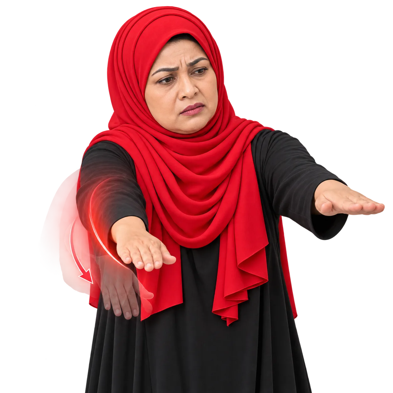 A woman in a red hijab with both arms raised, her weaker arm drifting down