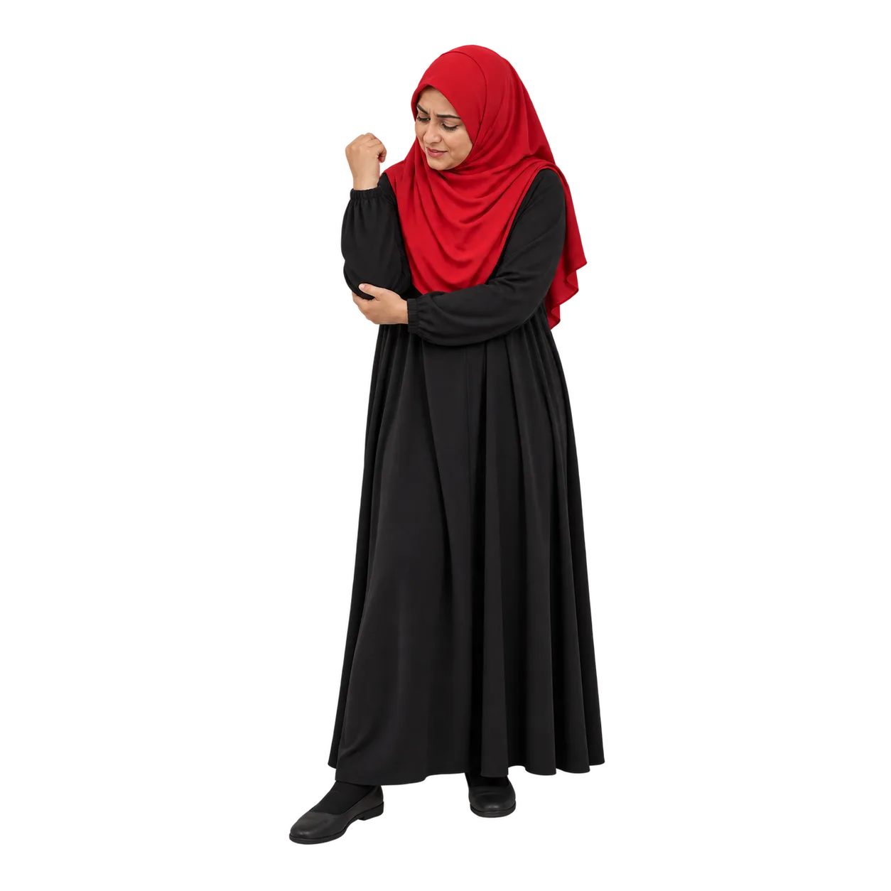 AI-generated Pakistani woman in a red hijab and modest black dress, gently supporting her painful right elbow.