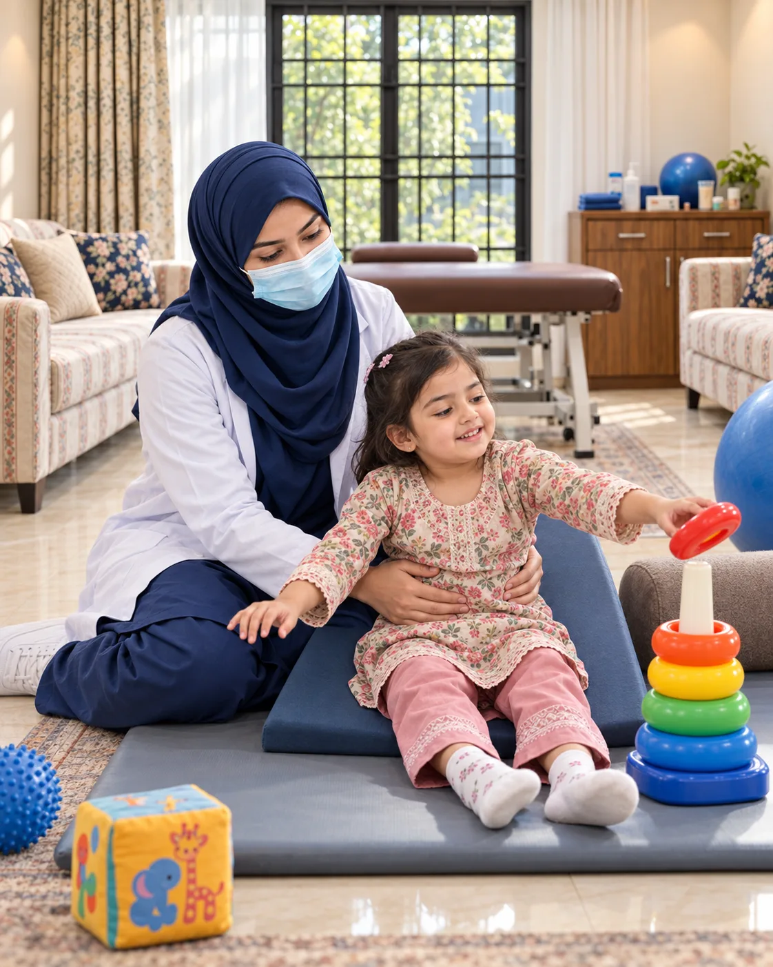 A child with a female physiotherapist during a play-based session, illustrating support for hydrocephalus: movement support.