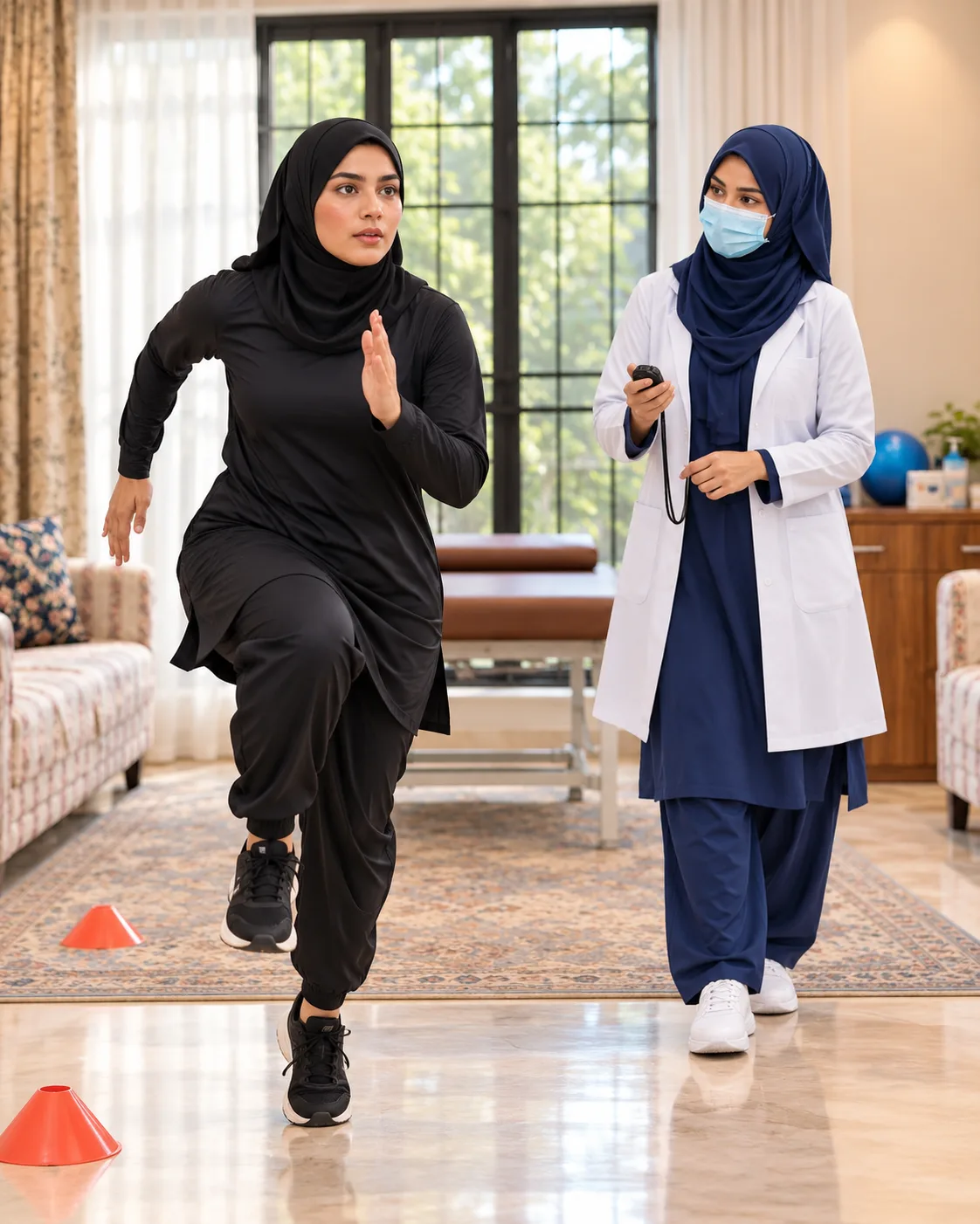 Illustrative image, not a real patient: a woman in a sports hijab running a sprint drill between cones as a female physiotherapist times her.