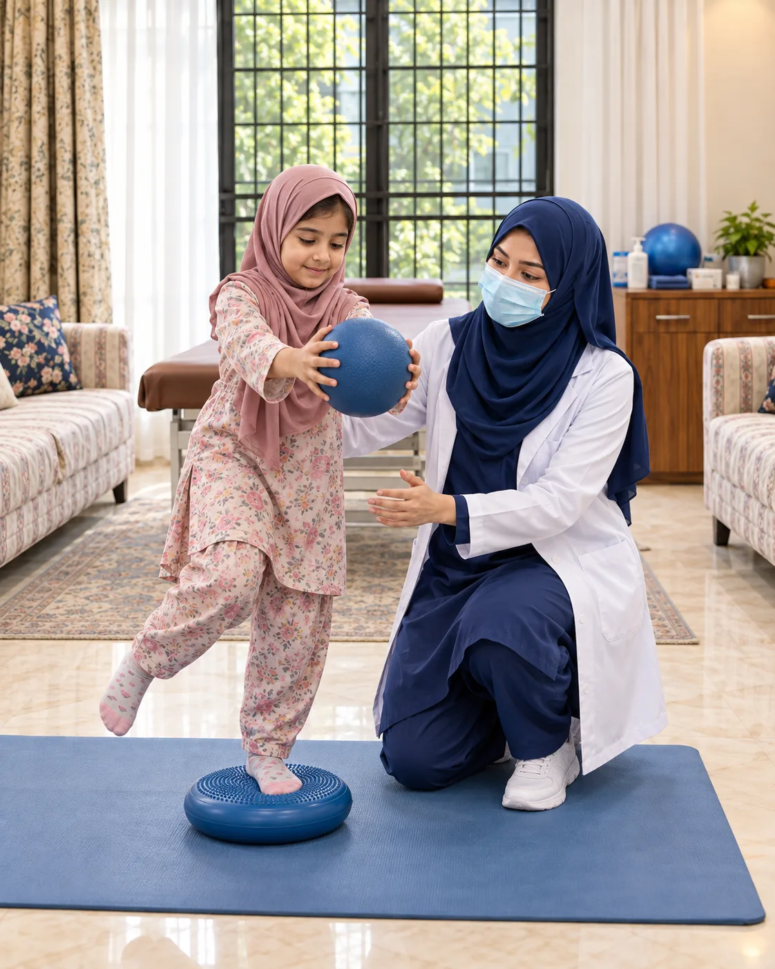 A child with a female physiotherapist during a play-based session, illustrating support for movement support for children with epilepsy.