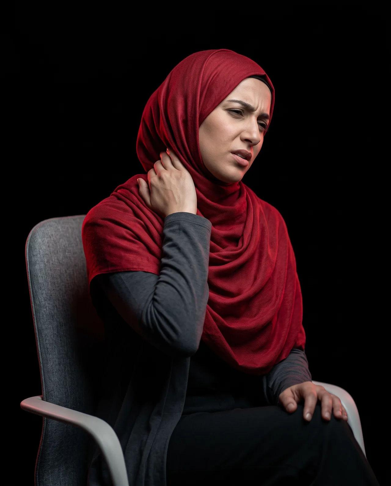 Woman in modest Muslim attire holding the side of her neck while experiencing neck pain