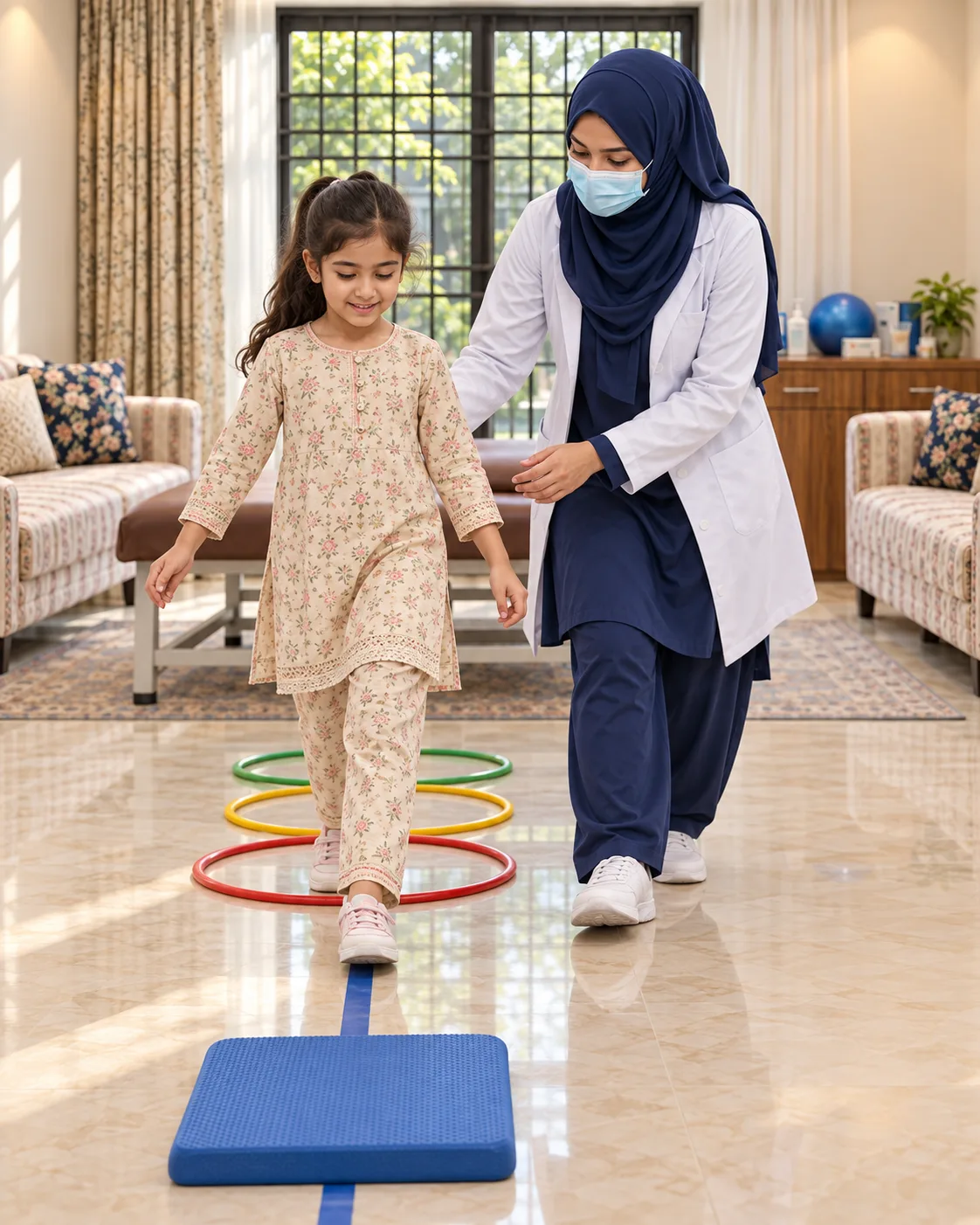 A child with a female physiotherapist during a play-based session, illustrating support for in-toeing / out-toeing.