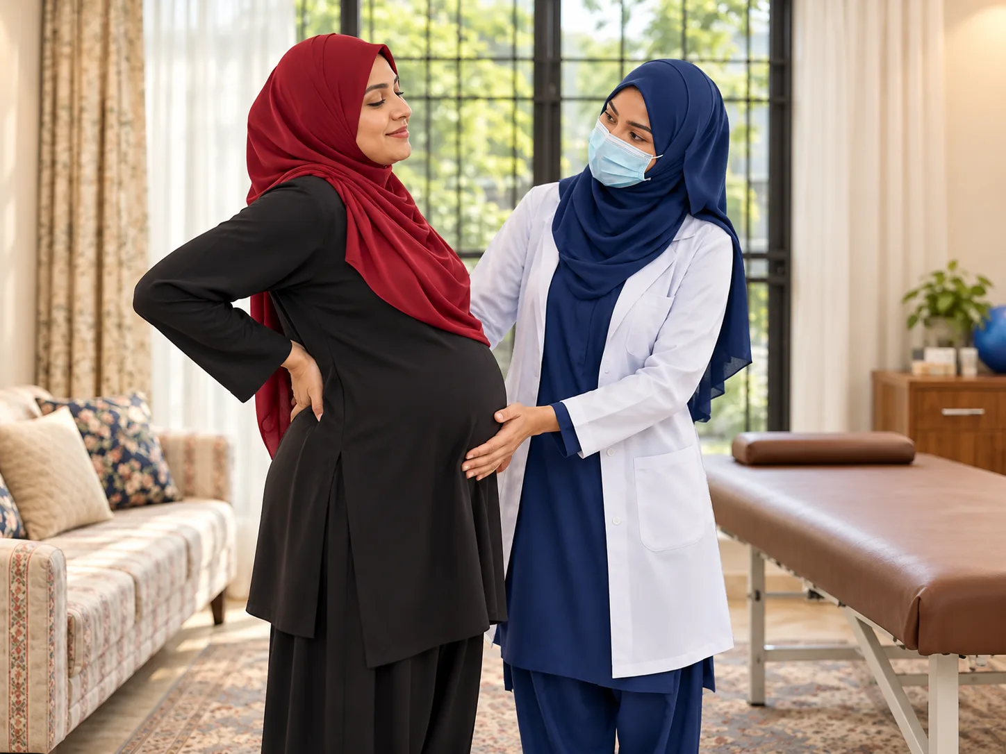 Illustrative image, not a real patient. A pregnant woman in a red hijab stands with one hand on her lower back while a female physiotherapist in a navy hijab, white coat and face mask stands beside her, in a calm, private clinic room.
