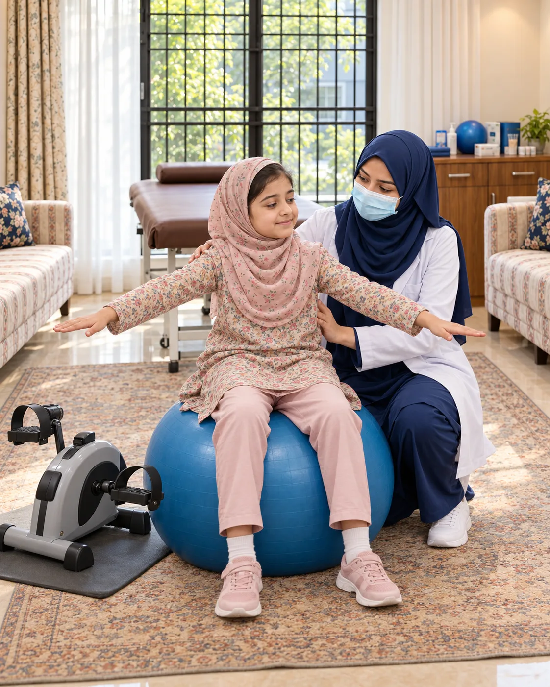 A child with a female physiotherapist during a play-based session, illustrating support for metabolic disorders: physical rehabilitation.