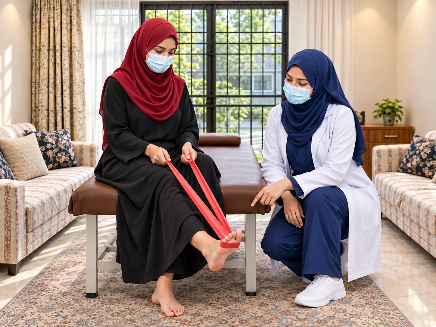 Illustrative seated ankle resistance exercise with a patient in a black dress and red hijab and a female physiotherapist observing her movement.