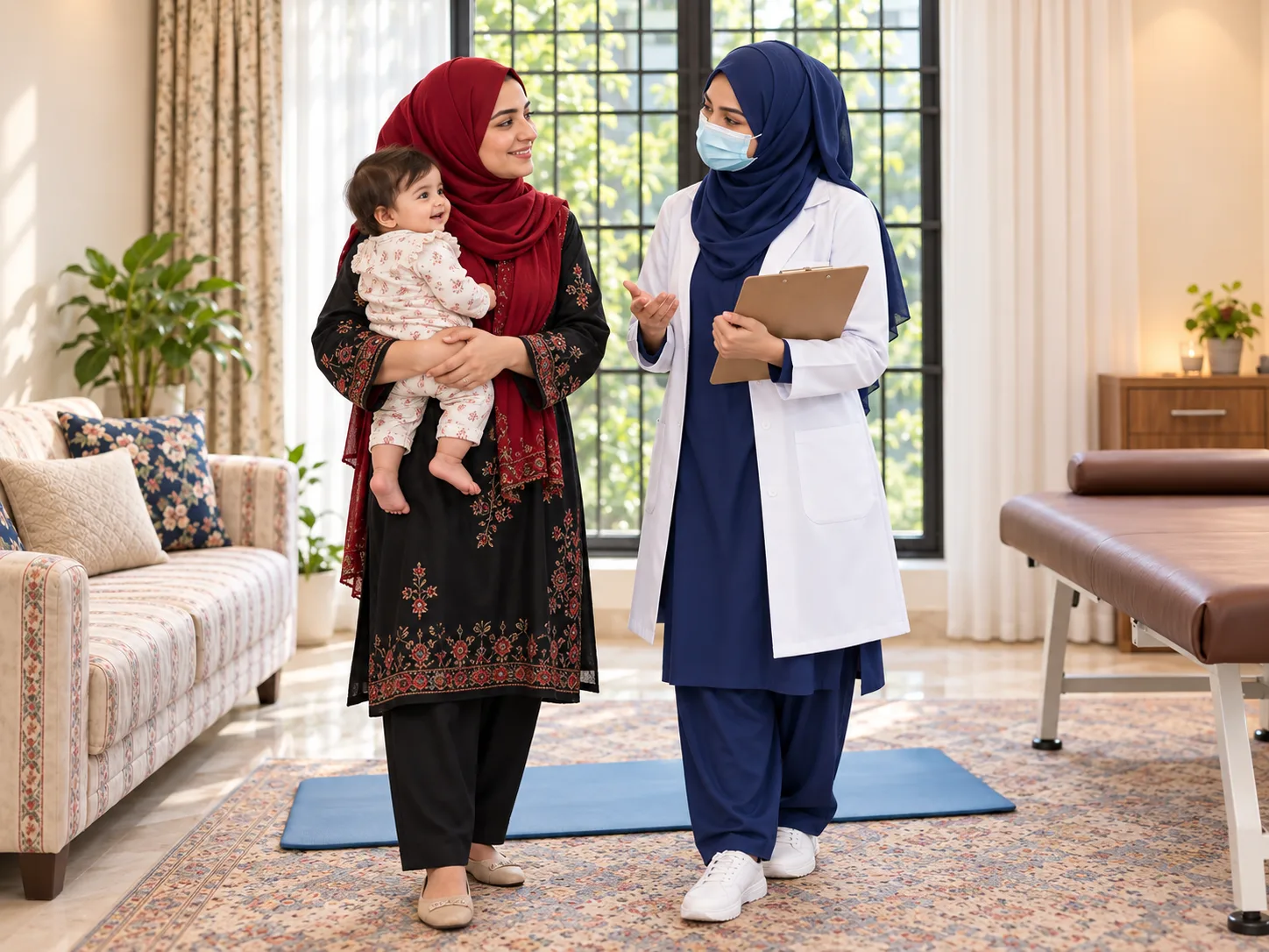 Illustrative image, not a real patient. A woman in a red hijab stands holding her baby and smiling while a female physiotherapist in a navy hijab, white coat and face mask talks with her, clipboard in hand, in a bright, private clinic room.