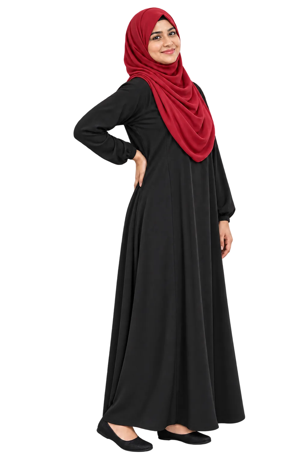 AI-generated illustration of a fictional Pakistani woman in a red hijab and modest black dress, standing with one hand at her lower back.