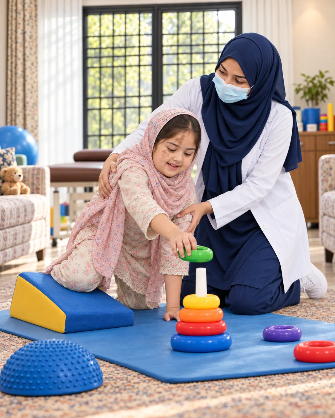 A child with a female physiotherapist during a play-based session, illustrating support for neurocutaneous syndromes.