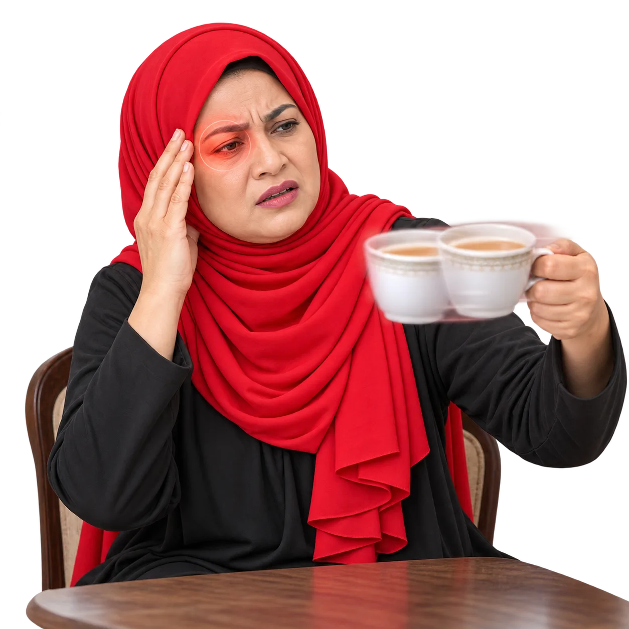 A woman in a red hijab holding her temple, seeing a cup of tea doubled and blurred