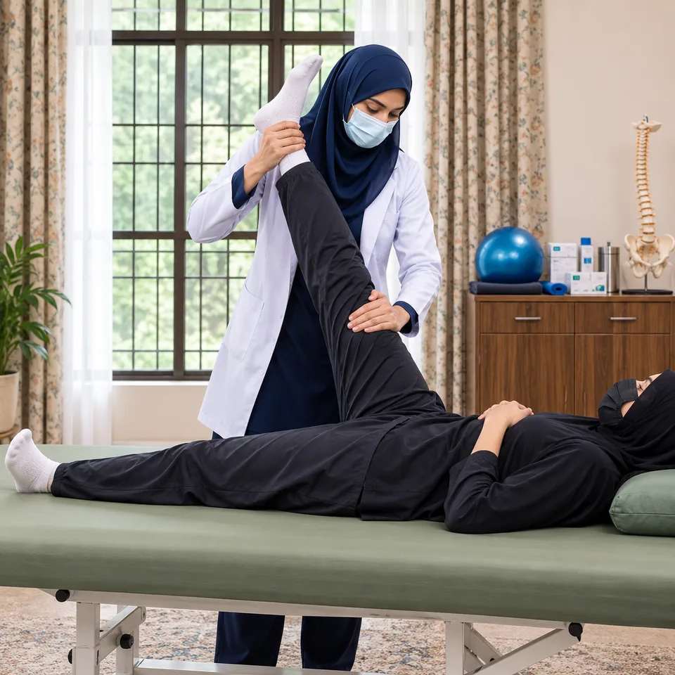 Physiotherapist checking for nerve-related pain travelling from the lower back into the leg