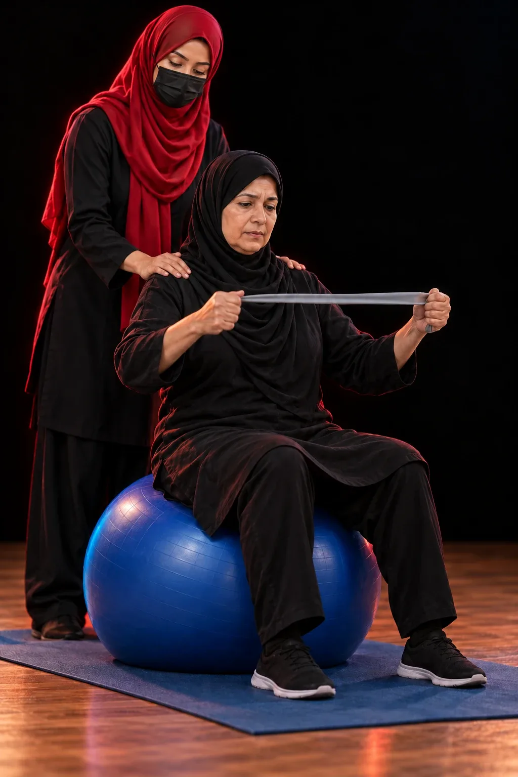 A female physiotherapist in a red hijab and face mask steadies a patient’s shoulders while the patient, seated on a blue exercise ball, stretches a resistance band in front of her.