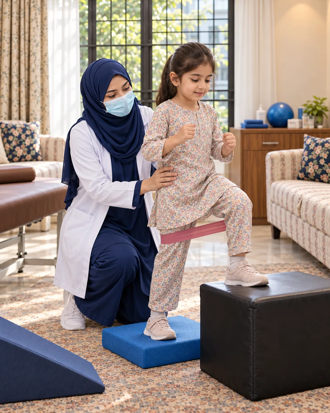 A child with a female physiotherapist during a play-based session, illustrating support for after selective dorsal rhizotomy.