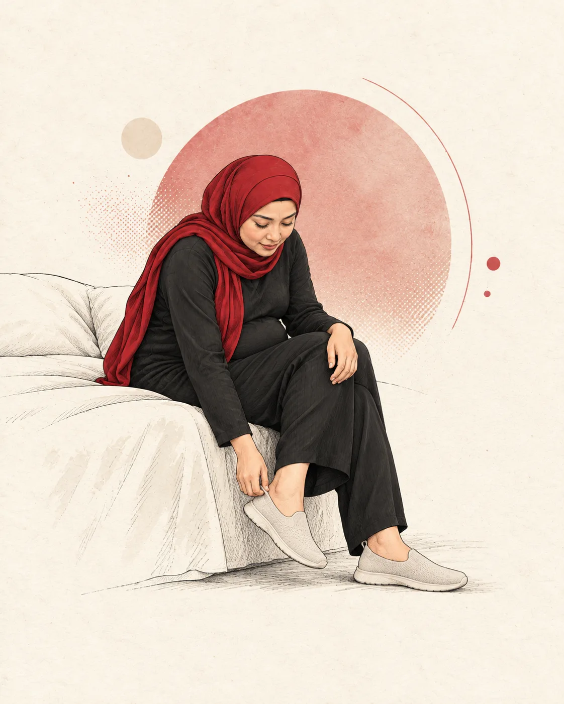 Illustration, not a real patient. A pregnant woman in a red hijab sits on the edge of a bed to put on a shoe.