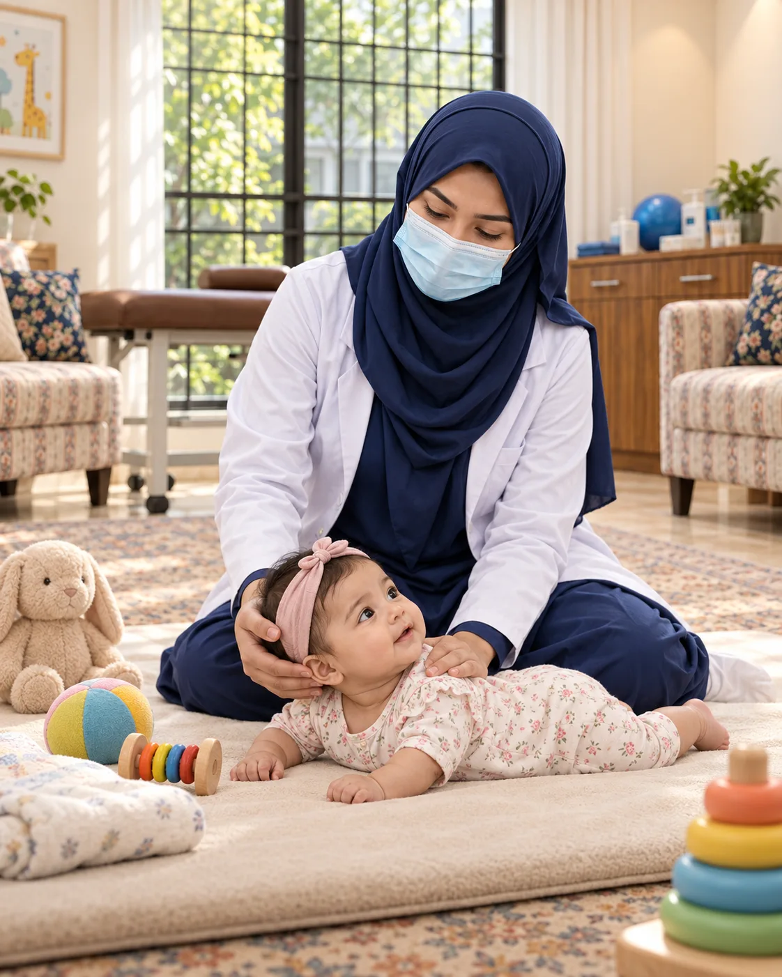 A child with a female physiotherapist during a play-based session, illustrating support for torticollis.