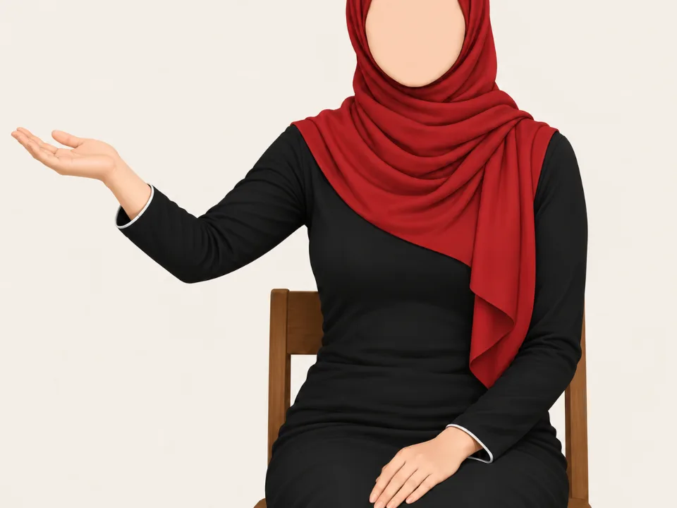 Woman in a red hijab sitting with her arm out to the side, palm up, gently straightening her wrist and fingers back.