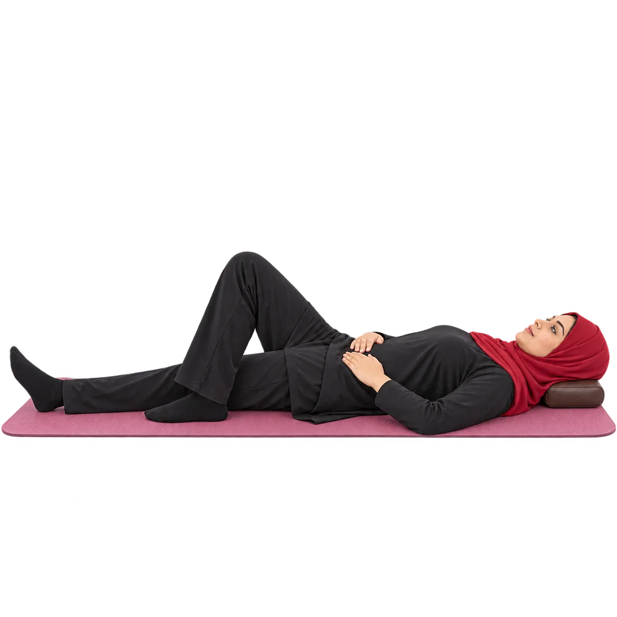 Illustrative image, not a real patient. A woman lying on a mat with her knees bent and her hands resting on her abdomen, a gentle core exercise for diastasis recti.