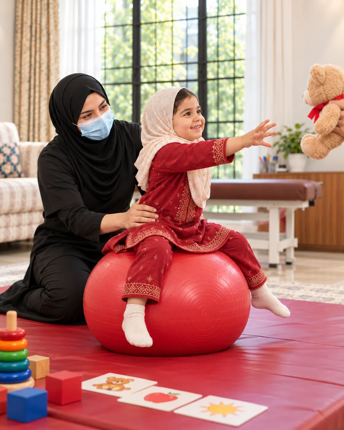 Illustrative image, not a real patient. A female physiotherapist sits on a mat with a child on a large gym ball, supporting her at the hips while the child reaches for a toy.