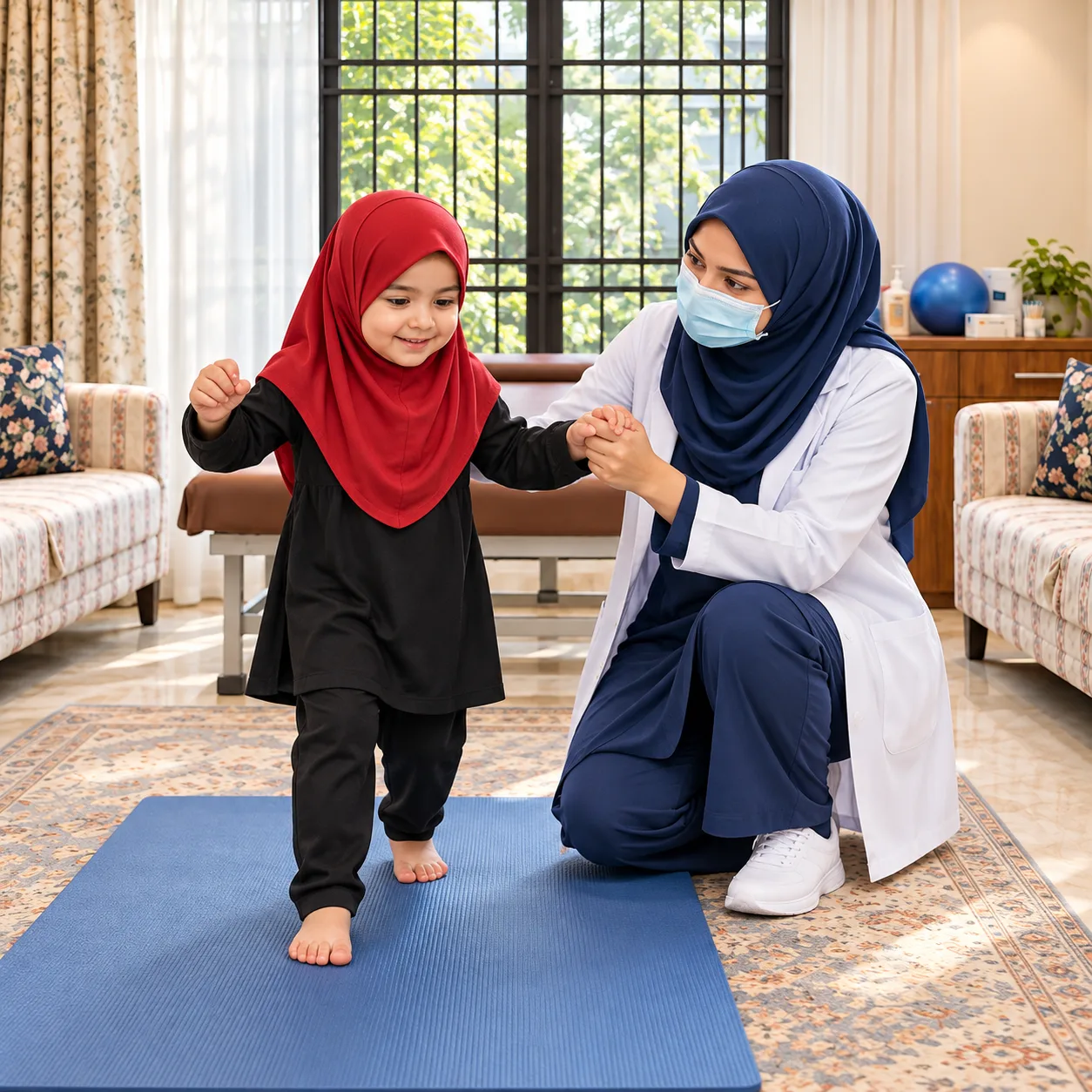 Illustrative supported stepping practice with a girl in black clothing and a red hijab alongside a masked female physiotherapist in the supplied clinic.