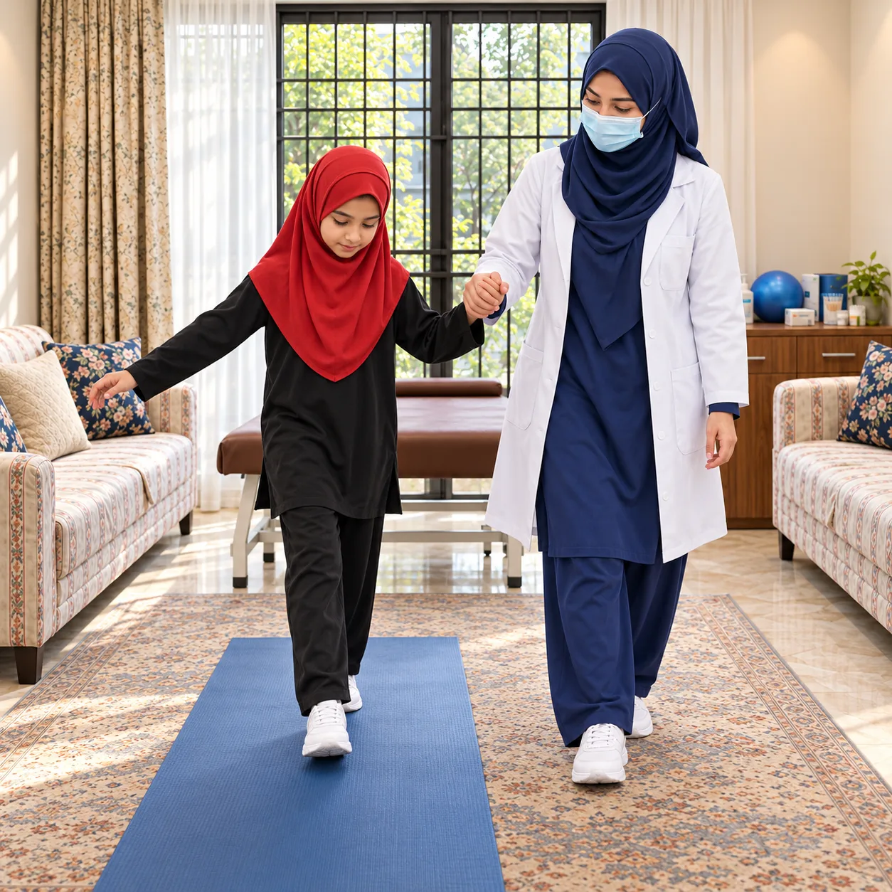Illustrative stepping practice on a yoga mat with a girl in black clothing and a red hijab supported by a masked female physiotherapist.