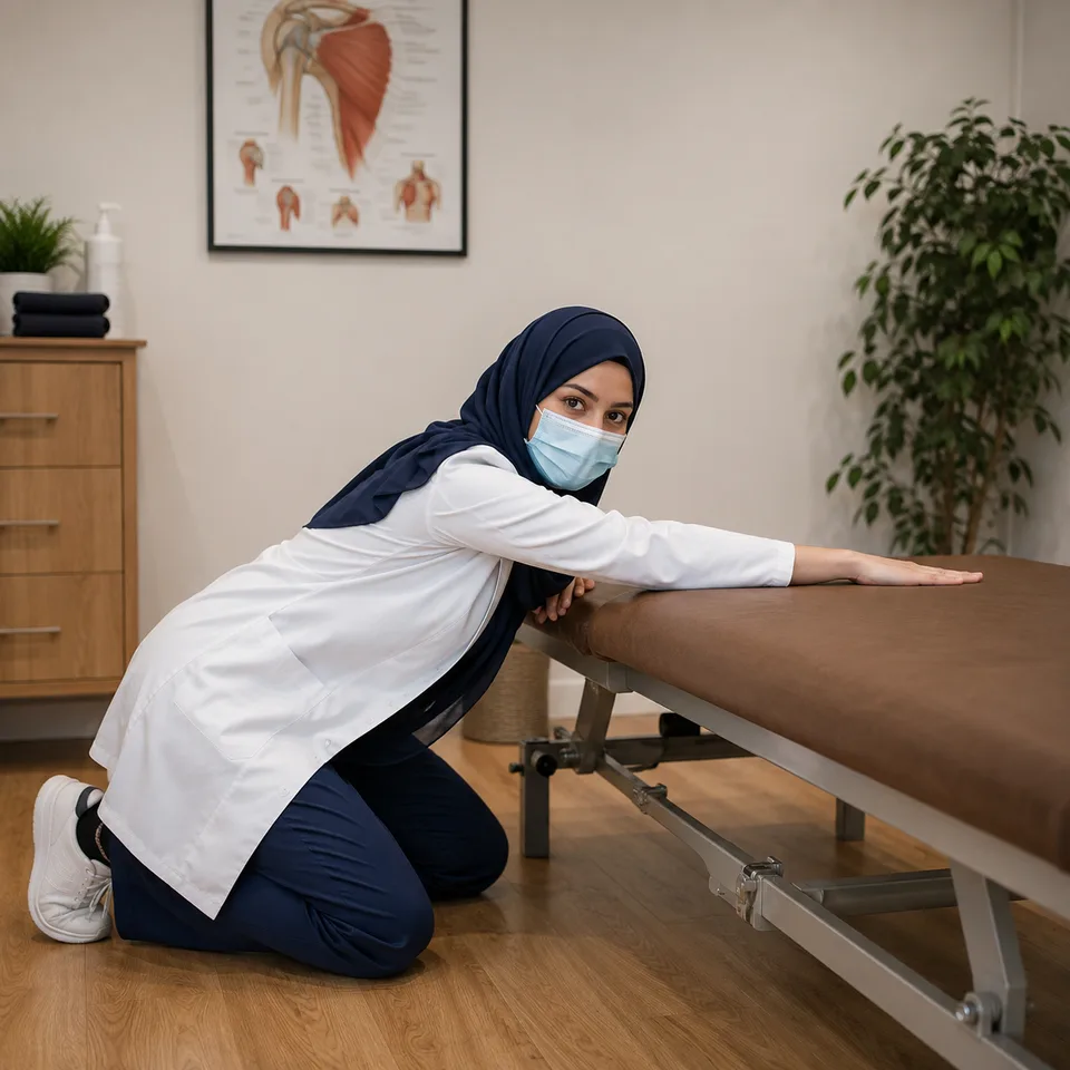 Physiotherapist demonstrating a shoulder stretch against a treatment table for shoulder joint and bursal conditions