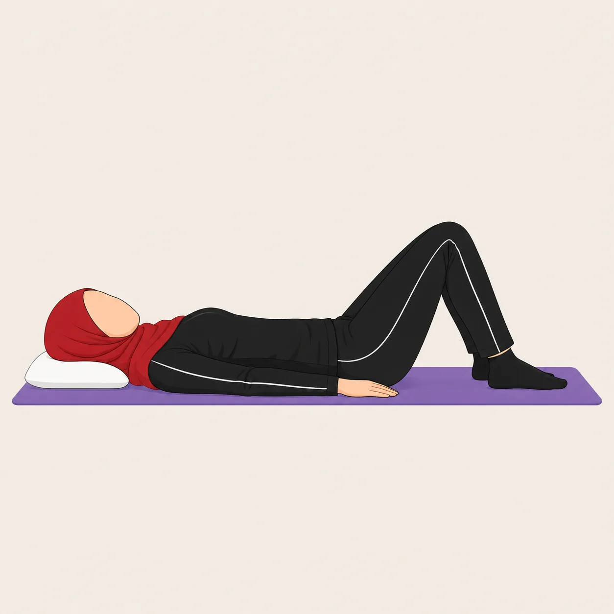 Woman in a red hijab lying on her back with knees bent, lifting her hips into a bridge.
