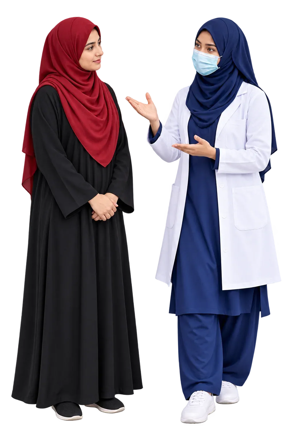 Illustrative cutout of a woman in a black abaya and red hijab speaking with a masked female physiotherapist in navy and white.