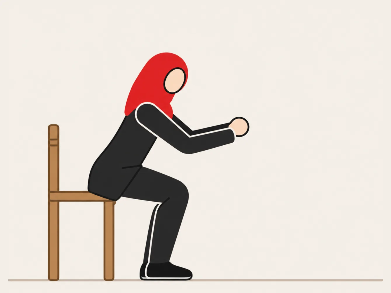 Woman in a red hijab lowering towards a wooden chair with her arms reaching forwards.