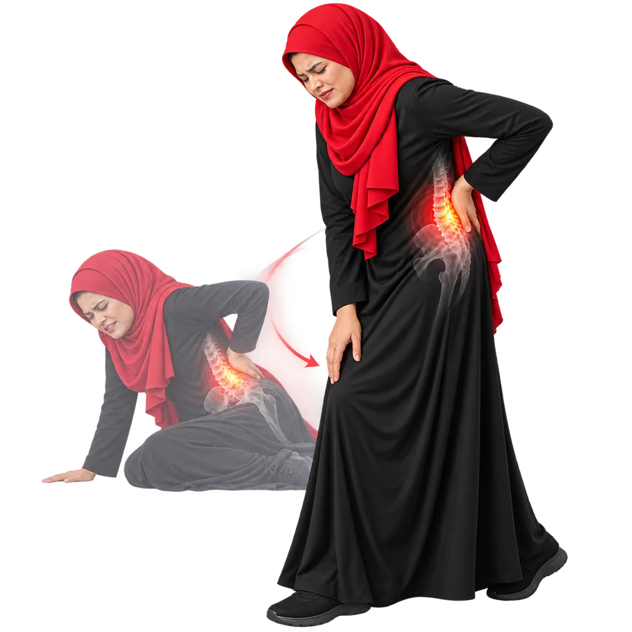 A woman in a red hijab standing with an uneven, guarded posture and a hand on an old back injury