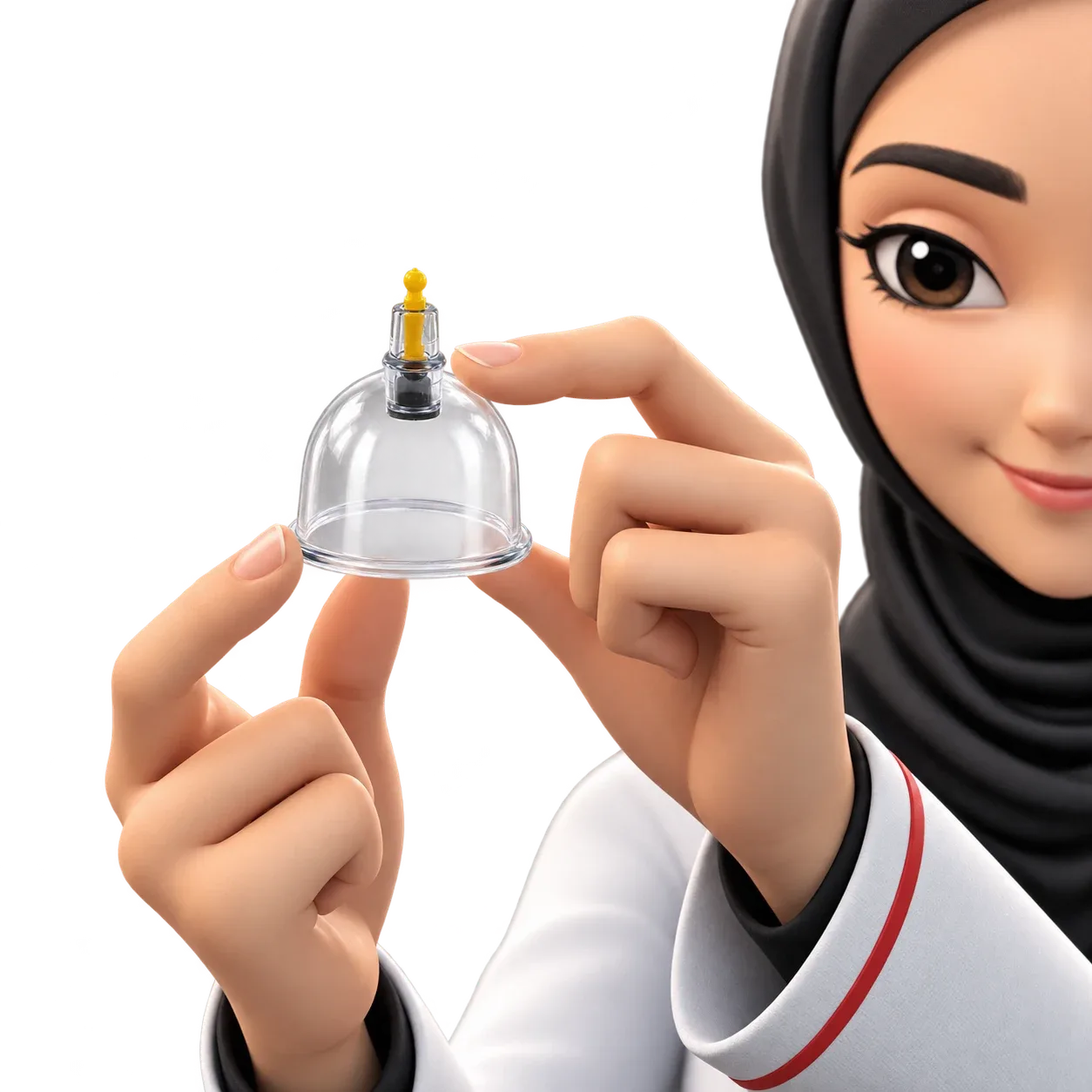 Technique matched to comfort Illustration of a clinician holding a clear suction cup with a yellow valve.