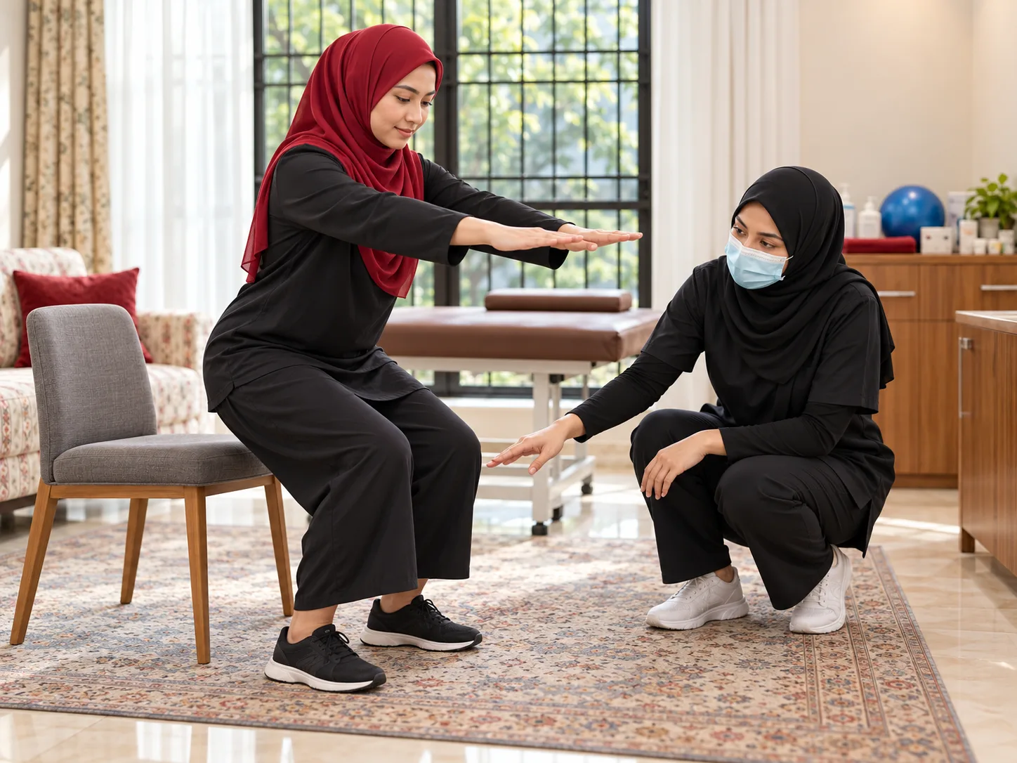 Illustrative image, not a real patient. A patient performs a controlled partial squat beside a chair while a female physiotherapist crouches nearby and watches her knee alignment.