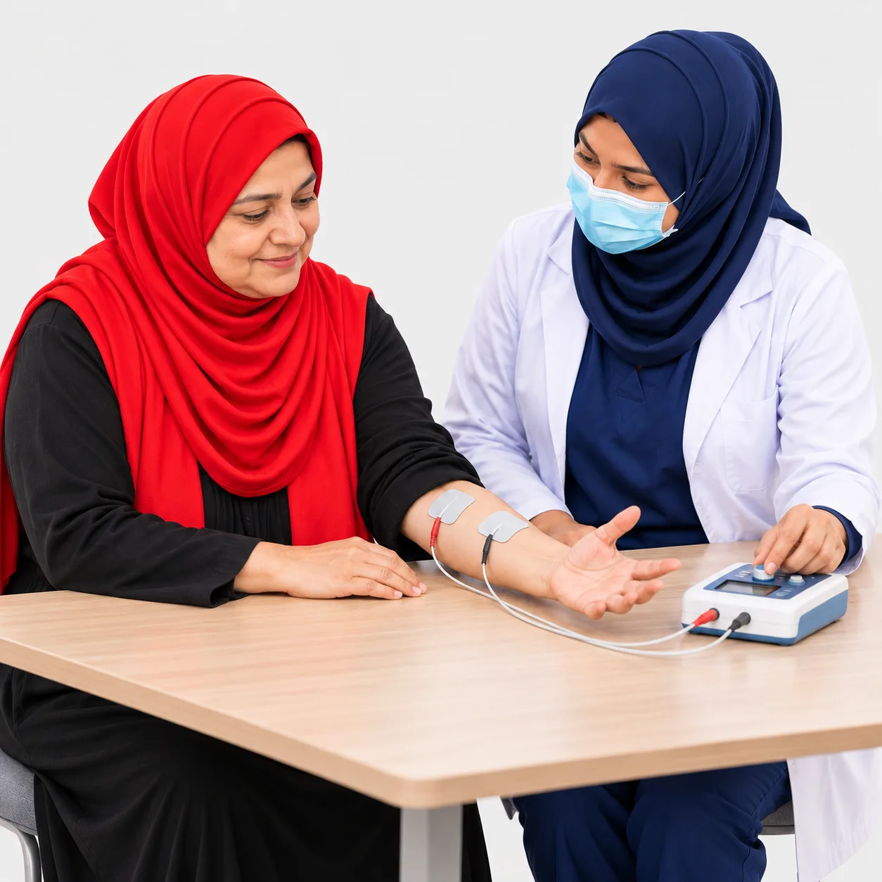 A female physiotherapist adjusts a small stimulation unit connected to pads on a patient’s forearm