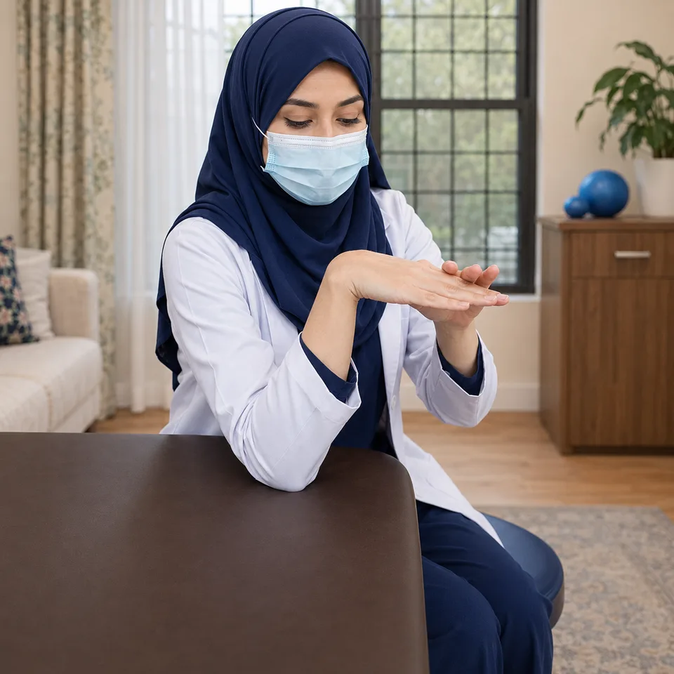 Woman checking her own wrist and hand movement while seated at a table