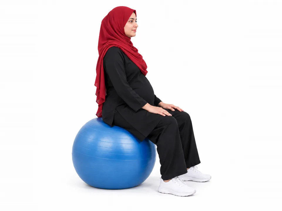 Illustrative image, not a real patient. A pregnant woman in a red hijab sits tall on a blue exercise ball with her feet flat and her hands on her thighs.