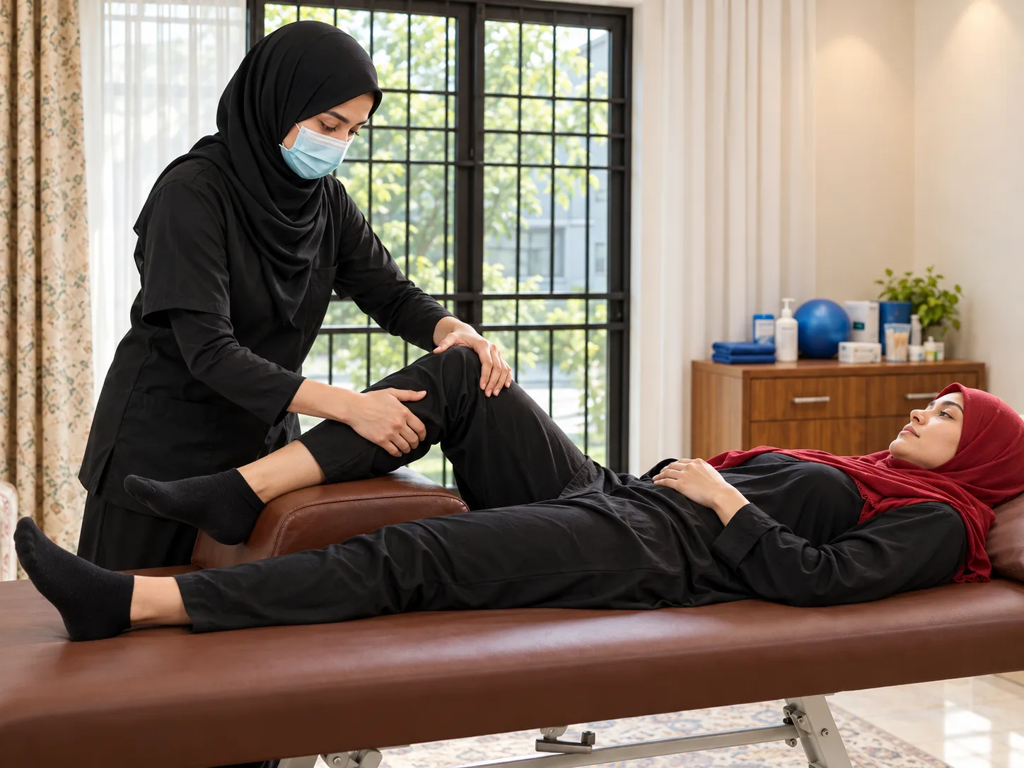 Illustrative image, not a real patient. A female physiotherapist holds the bent knee of a patient lying on her back on a treatment couch during a knee assessment.