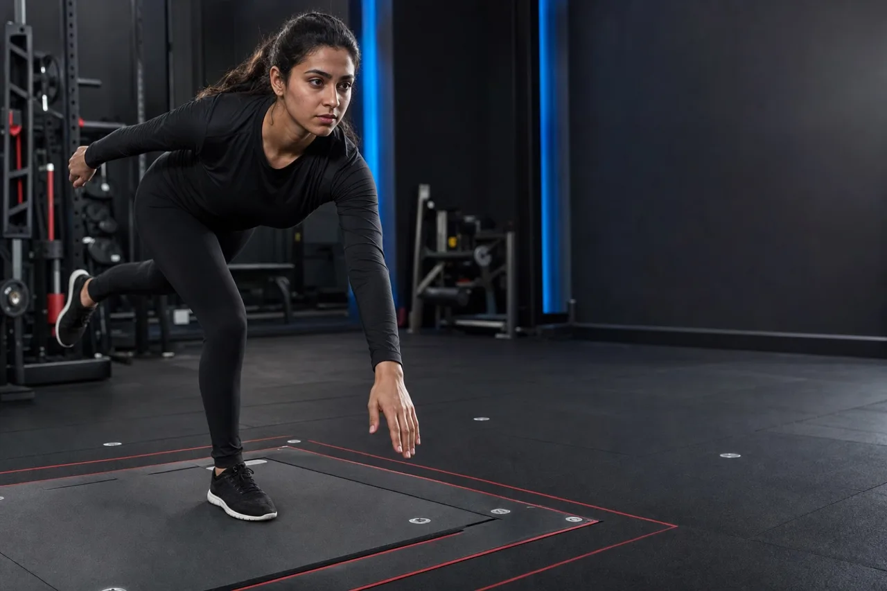 South Asian female athlete performing a controlled single-leg return-to-sport test in a professional gym